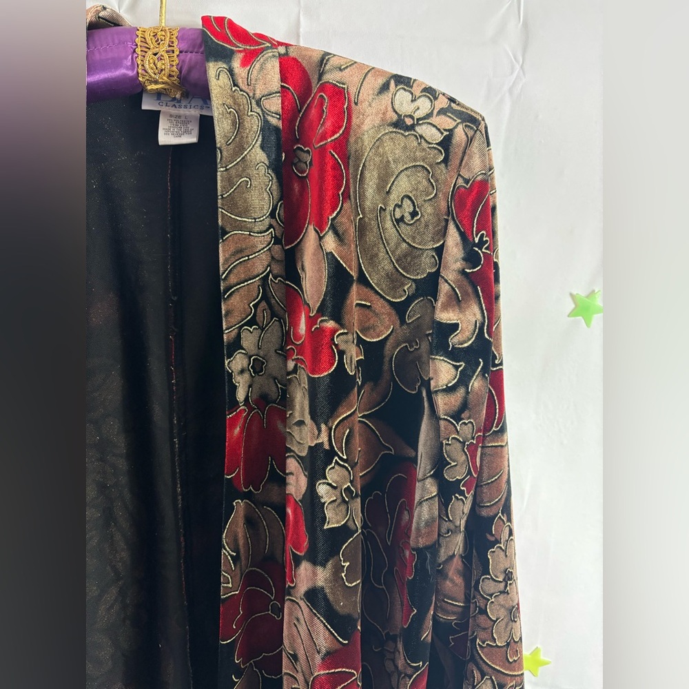 VTG Women's L Velvet Black and Gold Metallic with Vibrant Red Floral - Picture 11 of 13